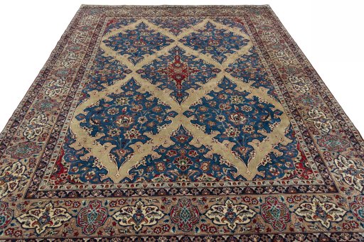Surface texture of 1970s Yazd rug with natural Wool and intricate pattern