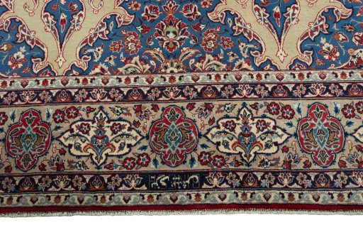 Full view of 1970s Yazd rug from Iran / Persia, 356 × 249 cm in Blue tones
