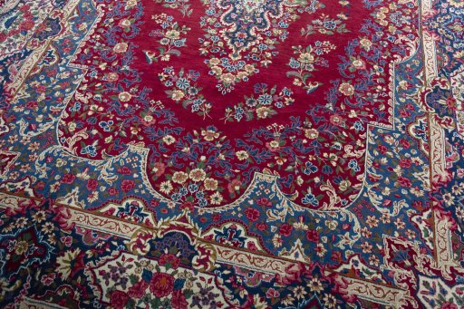 Close-up detail of 1970s Yazd rug from Iran / Persia showing Wool weave