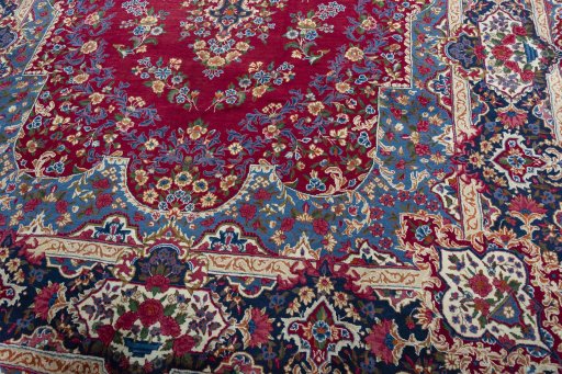 Close-up detail of 1970s Yazd rug from Iran / Persia showing Wool weave