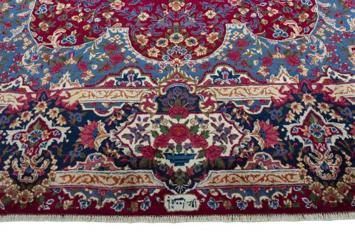 Full view of 1970s Yazd rug from Iran / Persia, 370 × 265 cm in Red tones
