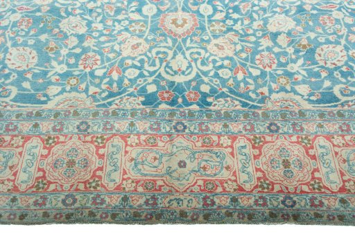 Full view of 1930s Yazd rug from Iran / Persia, 452 × 256 cm in Blue tones