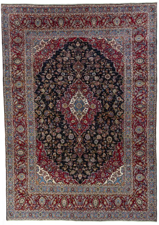 Full view of 2000s Yazd rug from Iran / Persia, 422 × 301 cm in Blue tones