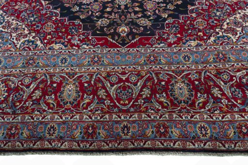 Full view of 2000s Yazd rug from Iran / Persia, 422 × 301 cm in Blue tones