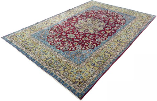 Corner detail of 2000s Yazd rug showing border pattern and Wool pile