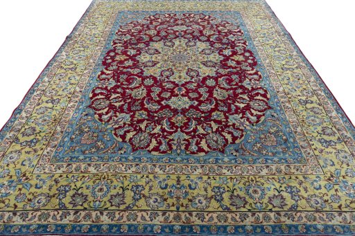 Surface texture of 2000s Yazd rug with natural Wool and intricate pattern