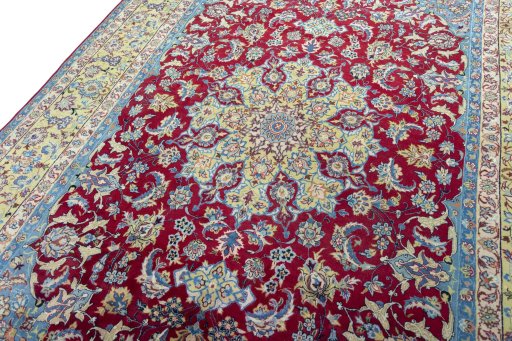 Backside of handmade 2000s Yazd rug showing knot structure and weave density