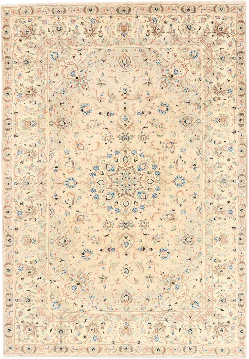 Full view of 2000s Yazd rug from Iran / Persia, 288 × 200 cm in Cream tones