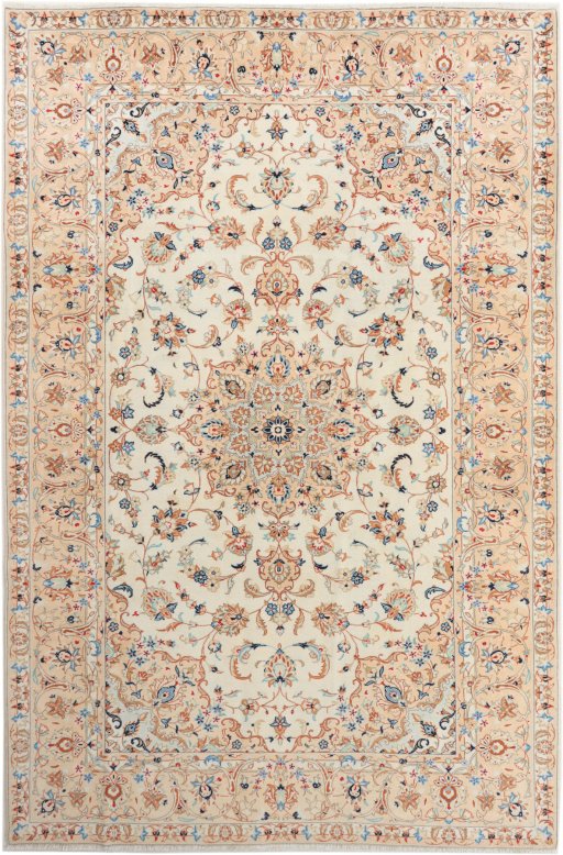 Full view of 2000s Yazd rug from Iran / Persia, 298 × 198 cm in Cream tones