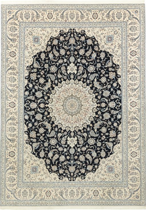 Full view of New Nain 6La with Silk rug from Iran / Persia, 433 × 314 cm in Black tones