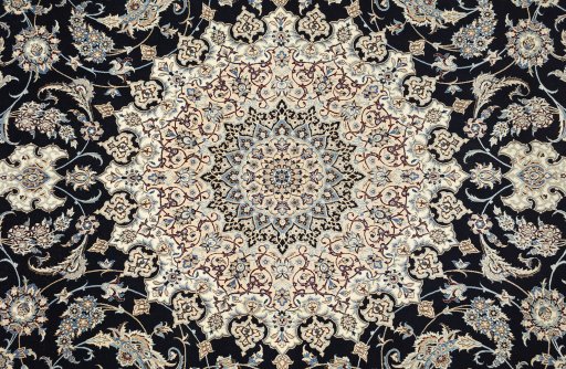 Full view of New Nain 6La with Silk rug from Iran / Persia, 433 × 314 cm in Black tones