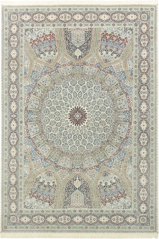 Full view of New Nain 6La with Silk rug from Iran / Persia, 433 × 297 cm in Black tones