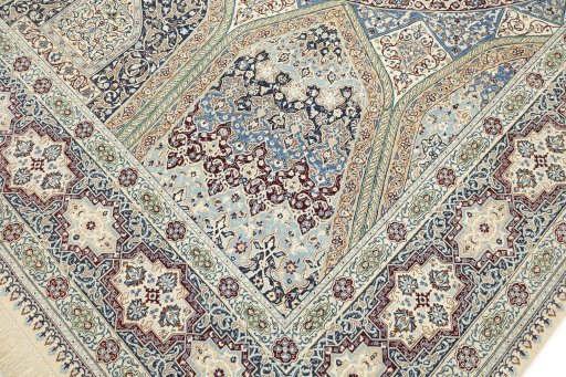 Full view of New Nain 6La with Silk rug from Iran / Persia, 433 × 297 cm in Black tones
