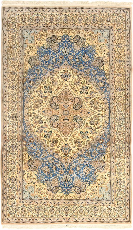 Full view of New Nain 6La with Silk rug from Iran / Persia, 294 × 173 cm in Blue tones