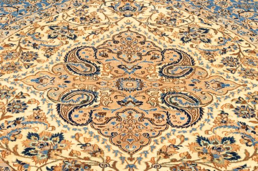 Corner detail of New Nain 6La with Silk rug showing border pattern and Wool pile