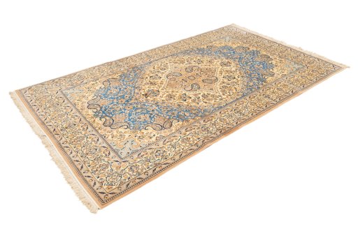 Corner detail of New Nain 6La with Silk rug showing border pattern and Wool pile