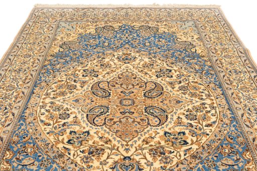 Full view of New Nain 6La with Silk rug from Iran / Persia, 294 × 173 cm in Blue tones