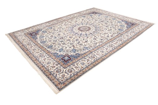 Corner detail of 2020s Nain 6La with Silk rug showing border pattern and Wool pile