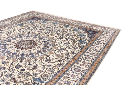 Surface texture of 2020s Nain 6La with Silk rug with natural Wool and intricate pattern