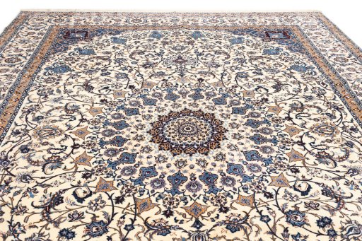 Full view of 2020s Nain 6La with Silk rug from Iran / Persia, 365 × 272 cm in Cream tones