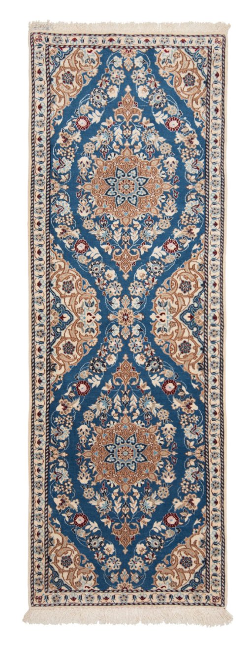 Full view of New Nain 6La with Silk rug from Iran / Persia, 145 × 50 cm in Blue tones