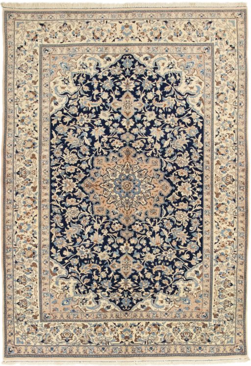 Full view of 2019s Nain 6La with Silk rug from Iran / Persia, 246 × 167 cm in Dark blue tones