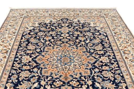 Full view of 2019s Nain 6La with Silk rug from Iran / Persia, 246 × 167 cm in Dark blue tones