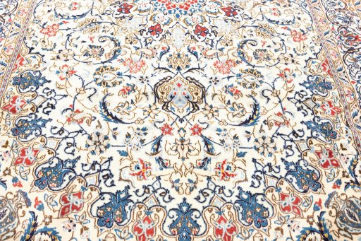 Corner detail of 2020s Nain 6La with Silk rug showing border pattern and Wool pile
