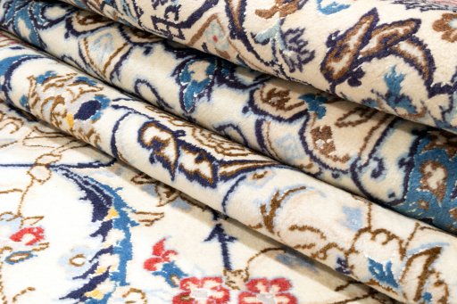 Close-up detail of 2020s Nain 6La with Silk rug from Iran / Persia showing Wool weave