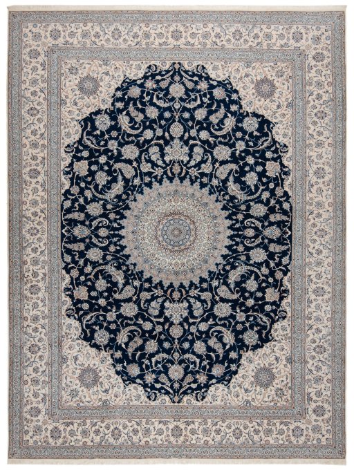 Full view of New Nain 6La with Silk rug from Iran / Persia, 419 × 314 cm in Dark blue tones