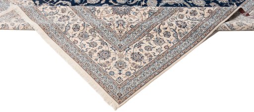 Full view of New Nain 6La with Silk rug from Iran / Persia, 419 × 314 cm in Dark blue tones