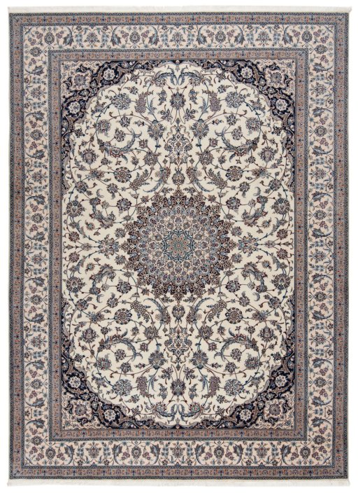 Full view of New Nain 6La with Silk rug from Iran / Persia, 357 × 260 cm in Beige tones