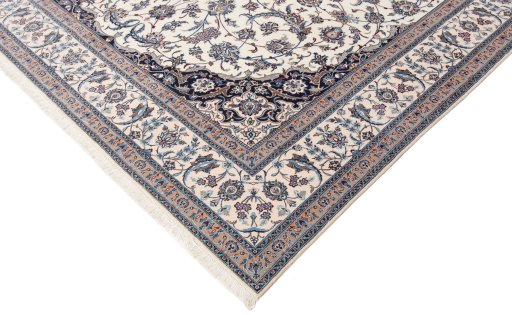 Corner detail of New Nain 6La with Silk rug showing border pattern and Wool pile