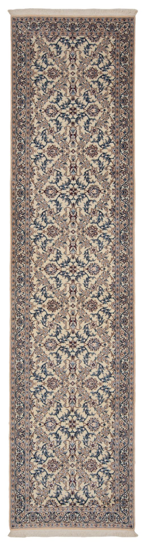 Full view of New Nain 6La with Silk rug from Iran / Persia, 312 × 77 cm in Beige tones