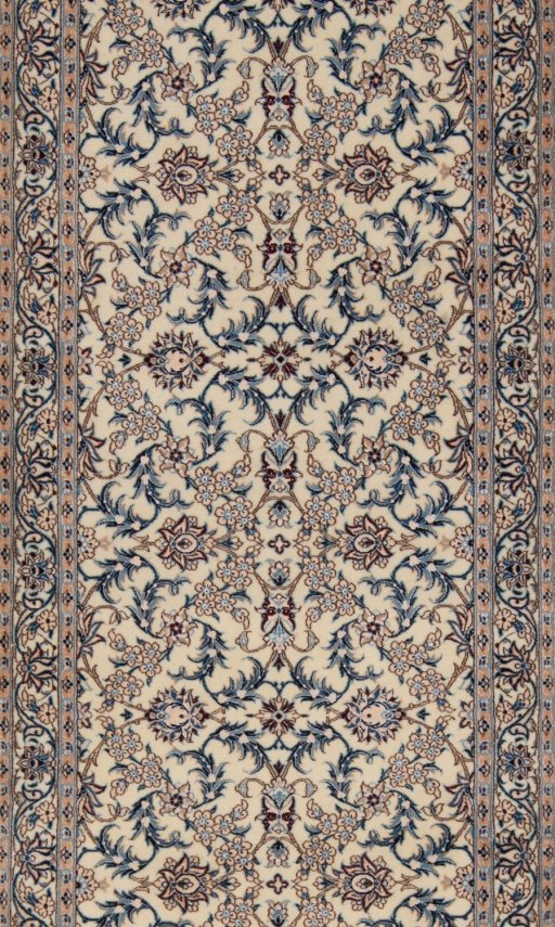 Corner detail of New Nain 6La with Silk rug showing border pattern and Wool pile