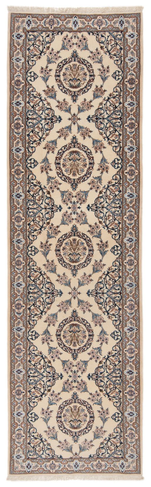 Full view of New Nain 6La with Silk rug from Iran / Persia, 310 × 92 cm in Beige tones