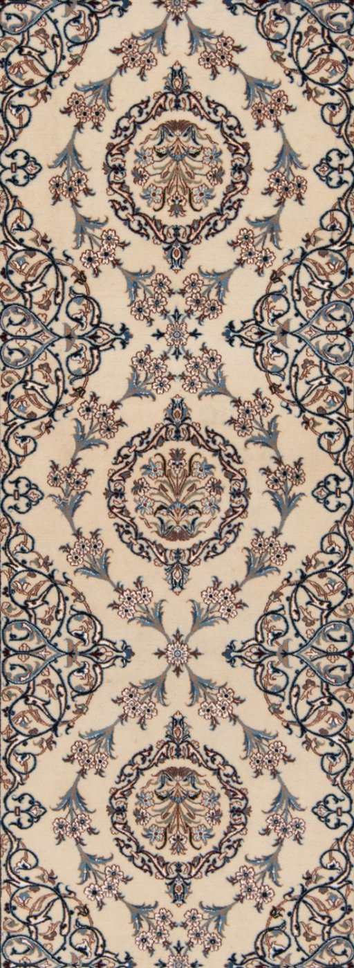 Corner detail of New Nain 6La with Silk rug showing border pattern and Wool pile