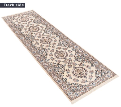 Full view of New Nain 6La with Silk rug from Iran / Persia, 310 × 92 cm in Beige tones