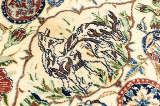 Corner detail of New Nain 6La with Silk rug showing border pattern and Wool pile