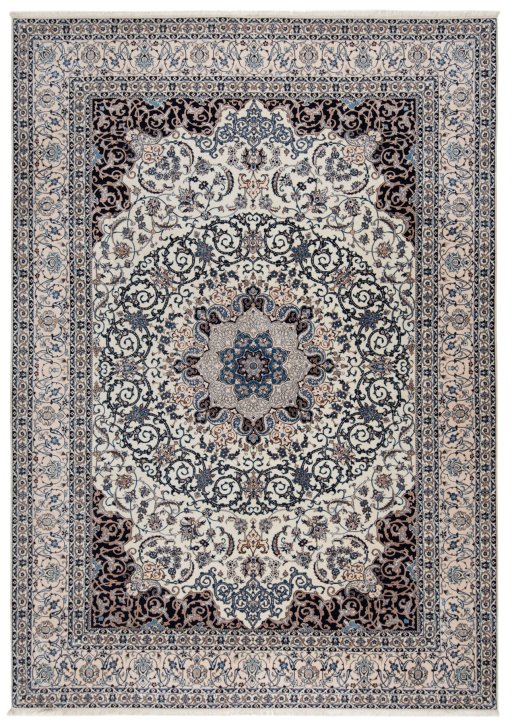Full view of New Nain 6La with Silk rug from Iran / Persia, 376 × 265 cm in Beige tones
