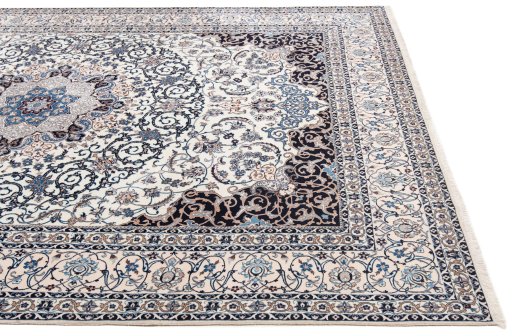 Full view of New Nain 6La with Silk rug from Iran / Persia, 376 × 265 cm in Beige tones
