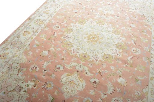 Backside of handmade New Tabriz 50/60/70 Raj rug showing knot structure and weave density