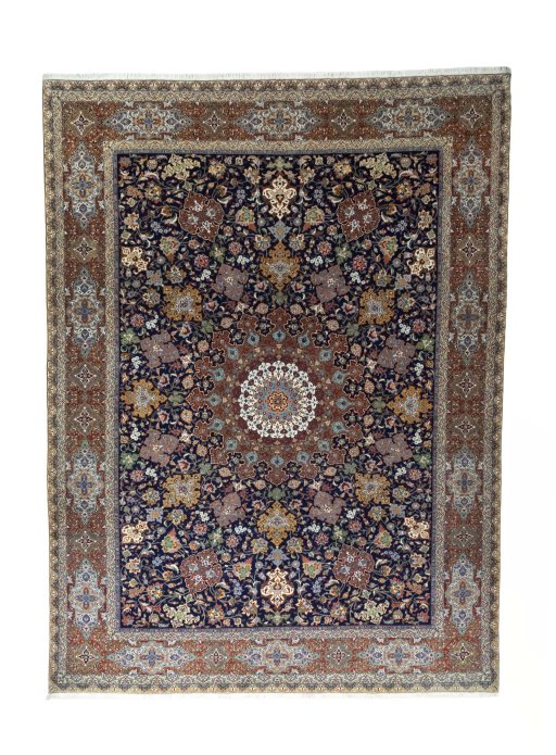 Full view of 1970s Tabriz 50/60/70 Raj rug from Iran / Persia, 400 × 297 cm in Blue tones