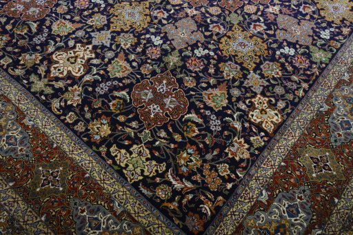 Full view of 1970s Tabriz 50/60/70 Raj rug from Iran / Persia, 400 × 297 cm in Blue tones