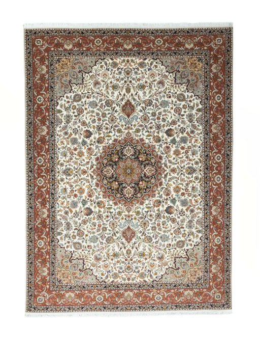 Full view of New Tabriz 50/60/70 Raj rug from Iran / Persia, 347 × 254 cm in Beige tones