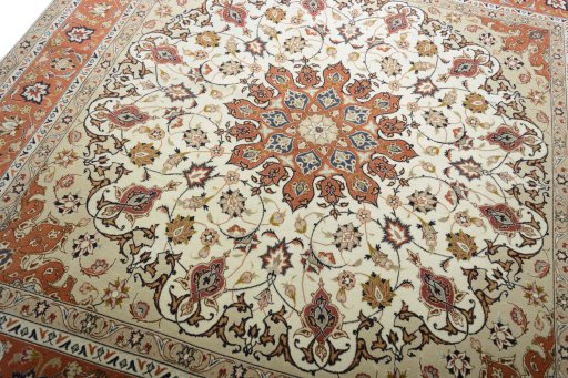 Backside of handmade New Tabriz 50/60/70 Raj rug showing knot structure and weave density