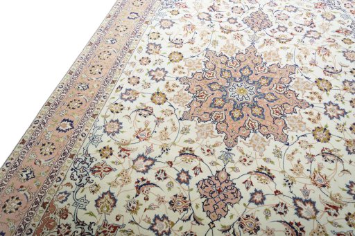 Backside of handmade New Tabriz 50/60/70 Raj rug showing knot structure and weave density