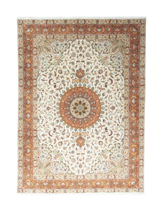 Full view of New Tabriz 50/60/70 Raj rug from Iran / Persia, 346 × 252 cm in Beige tones