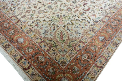 Full view of New Tabriz 50/60/70 Raj rug from Iran / Persia, 346 × 252 cm in Beige tones