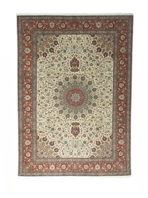 Full view of New Tabriz 50/60/70 Raj rug from Iran / Persia, 352 × 250 cm in Beige tones